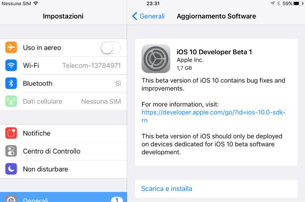 Scarica e installa ios 10